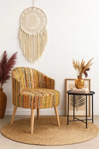 Gürgen Ahşap Ayak Özel Üretim Renkli Dokuma Kumaş Dekoratif Berjer Puf Makyaj Masası Berjeri